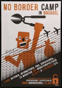 2d952 NO BORDER CAMP IN BRUSSEL 17x24 German special poster 2010 Titom art of man behind barbwire