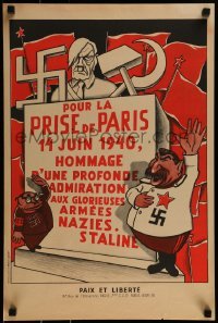 2d231 POUR LA PRISE DE PARIS 16x24 French special poster 1950s Stalin and Duclos 'salute' Hitler