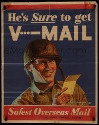 2d139 HE'S SURE TO GET V MAIL 22x27 WWII war poster 1943 Schlaikjer art of soldier receiving mail