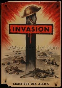 2d109 INVASION CIMETIERE DES ALLIES 23x33 Belgian WWII war poster 1942 cross with helmet, soldiers