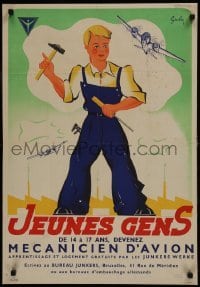 2d097 JEUNES GENS 22x31 Belgian WWII war poster 1940s Grube art of man, factory & military airplane