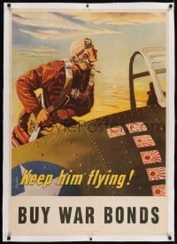 2d136 KEEP HIM FLYING linen 28x41 WWII war poster 1943 great art of U.S. pilot by Georges Schreiber