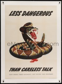 2d144 LESS DANGEROUS THAN CARELESS TALK linen 29x40 WWII war poster 1944 Dorne rattlesnake art