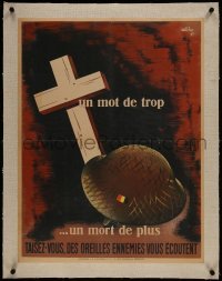 2d115 UN MOT DE TROP UN MORT DE PLUS linen 20x26 Belgian WWII war poster 1945 Wilchan helmet & cross