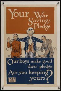 2d018 YOUR WAR SAVINGS PLEDGE linen 21x32 WWI war poster 1917 Uncle Sam w/arms around soldier & man