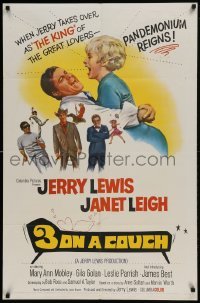 2f011 3 ON A COUCH 1sh 1966 great image of screwy Jerry Lewis squeezing sexy Janet Leigh!