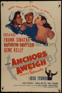 2f046 ANCHORS AWEIGH 1sh R1955 art of sailors Frank Sinatra & Gene Kelly with Kathryn Grayson!