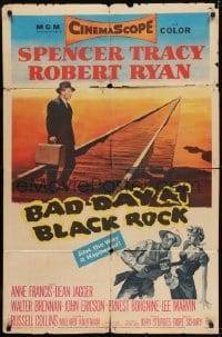 2f069 BAD DAY AT BLACK ROCK 1sh 1955 Spencer Tracy tries to find out what happened to Kamoko!