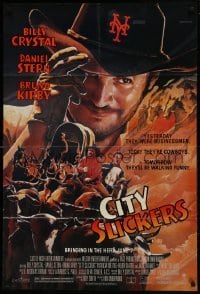 2f169 CITY SLICKERS advance 1sh 1991 great artwork of cowboys Billy Crystal & Daniel Stern!