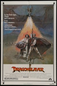 2f257 DRAGONSLAYER 1sh 1981 cool Jeff Jones fantasy artwork of Peter MacNicol w/spear & dragon!