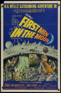 2f317 FIRST MEN IN THE MOON 1sh 1964 blue style, Ray Harryhausen, H.G. Wells, fantastic sci-fi art