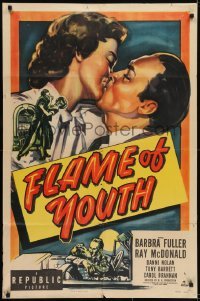 2f325 FLAME OF YOUTH 1sh 1949 Barbra Fuller, Ray McDonald, delinquent youths necking!