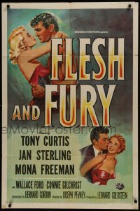 2f328 FLESH & FURY 1sh 1952 boxer Tony Curtis has fury in his fists & naked hunger in his heart!