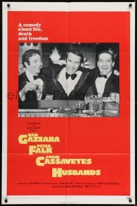 2f439 HUSBANDS 1sh 1970 Ben Gazzara, Peter Falk & John Cassavetes in tuxedos at bar!