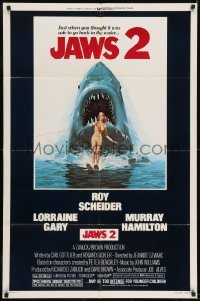 2f477 JAWS 2 1sh 1978 great classic art of giant shark attacking girl on water skis by Lou Feck!