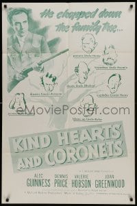 2f492 KIND HEARTS & CORONETS 1sh R1950s Alec Guinness chopped down the family tree!