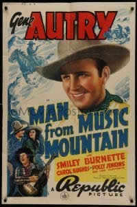 2f564 MAN FROM MUSIC MOUNTAIN 1sh 1938 great close up of smiling Gene Autry, Smiley with guitar!