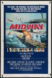 2f592 MIDWAY signed style B 1sh 1976 by Kevin Dobson, dramatic naval battle art, Heston, Fonda!