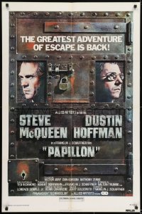 2f678 PAPILLON 1sh R1977 great art of prisoners Steve McQueen & Dustin Hoffman by Richard Amsel