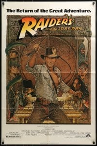 2f724 RAIDERS OF THE LOST ARK 1sh R1980s great art of adventurer Harrison Ford by Richard Amsel!