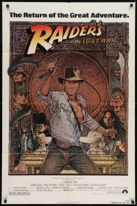 2f725 RAIDERS OF THE LOST ARK 1sh R1982 great art of adventurer Harrison Ford by Richard Amsel!