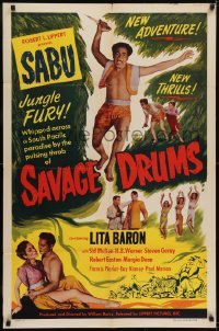 2f768 SAVAGE DRUMS 1sh 1951 great images of Sabu, new adventure & thrills, primitive passions!