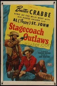 2f818 STAGECOACH OUTLAWS 1sh 1945 Buster Crabbechoking bad guy & Fuzzy St. John with gun!
