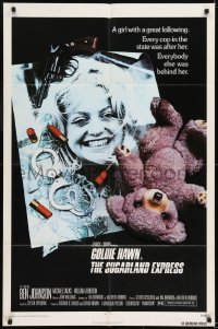 2f840 SUGARLAND EXPRESS 1sh 1974 Steven Spielberg, photo of Goldie Hawn under gun, teddy bear!