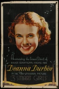 2f890 THREE SMART GIRLS 1sh 1936 great close up of radio's sensational star Deanna Durbin, rare!