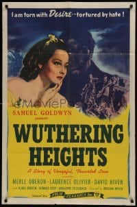 2f989 WUTHERING HEIGHTS 1sh R1944 Wyler, Laurence Olivier is torn with desire for Merle Oberon!