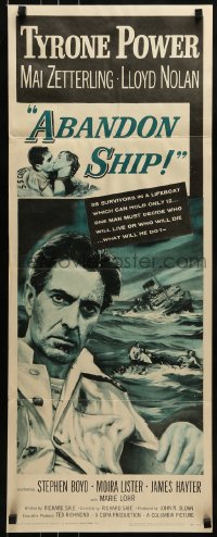 2j008 ABANDON SHIP insert 1957 Tyrone Power & 25 survivors in a lifeboat which can hold only 12!