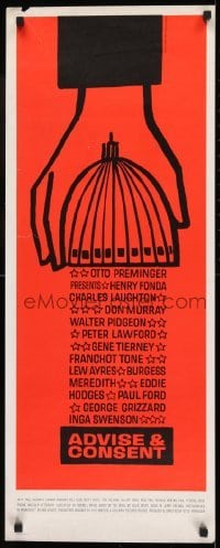 2j013 ADVISE & CONSENT insert 1962 Otto Preminger, classic Saul Bass Washington Capitol art!