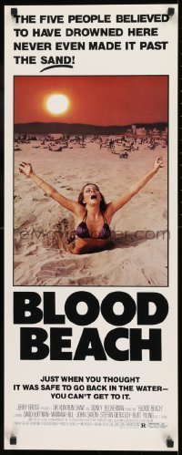 2j059 BLOOD BEACH insert 1981 Jaws parody tagline, image of sexy girl in bikini sinking in sand!