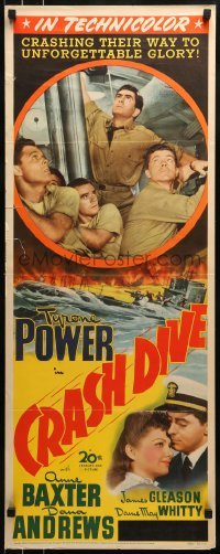 2j105 CRASH DIVE insert 1943 stone litho of Tyrone Power & Anne Baxter + burning ocean!