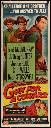 2j174 GUN FOR A COWARD insert 1956 art of cowboys Fred MacMurray, Jeffrey Hunter & Dean Stockwell!