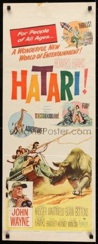 2j182 HATARI insert 1962 Howard Hawks, artwork of John Wayne rounding up rhino in Africa!