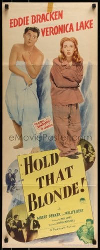 2j186 HOLD THAT BLONDE insert 1945 Eddie Bracken wearing sheet, Veronica Lake in pajamas!