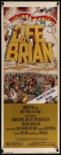 2j244 LIFE OF BRIAN insert 1979 Monty Python, great wacky artwork of Chapman running from mob!