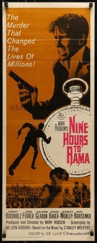 2j323 NINE HOURS TO RAMA insert 1963 Saul Bass-like art of man running over pocket watch!