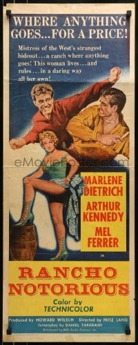 2j353 RANCHO NOTORIOUS insert 1952 Fritz Lang directed, art of sexy Marlene Dietrich showing leg!