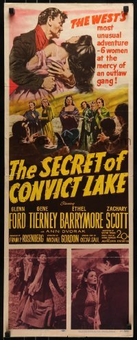 2j376 SECRET OF CONVICT LAKE insert 1951 Gene Tierney is a lonely woman at the mercy of hunted men!
