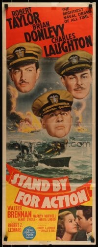 2j408 STAND BY FOR ACTION insert 1943 art of Navy sailors Robert Taylor, Laughton & Donlevy!
