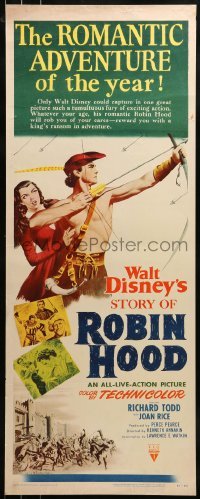 2j413 STORY OF ROBIN HOOD insert 1952 Richard Todd with bow & arrow, Joan Rice, Walt Disney!