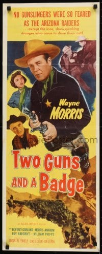 2j456 TWO GUNS & A BADGE insert 1954 close up of cowboy Wayne Morris pointing two guns!