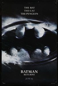 2k093 BATMAN RETURNS teaser DS 1sh 1992 Burton, Keaton, The Bat, The Cat, The Penguin, cool logo design