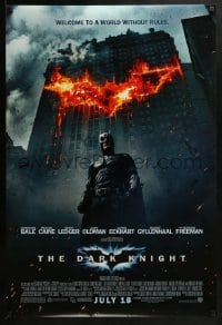 2k208 DARK KNIGHT advance DS 1sh 2008 Christian Bale as Batman in front of burning bat symbol!