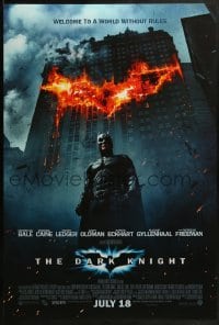 2k210 DARK KNIGHT int'l advance DS 1sh 2008 Christian Bale as Batman in front of flaming building!