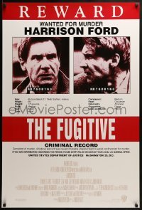 2k329 FUGITIVE recalled int'l 1sh 1990s Harrison Ford is on the run, cool wanted poster design!