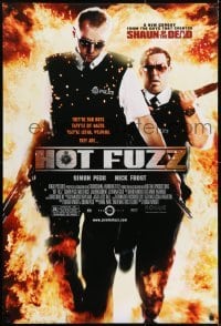 2k417 HOT FUZZ DS 1sh 2007 Edgar Wright, Simon Pegg & Nick Frost walking out of flames!