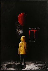 2k463 IT teaser DS 1sh 2017 creepy image of Pennywise handing child balloon, you'll float too!